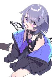 Rule 34 | 1girl, bandaid, bandaid on cheek, bandaid on face, bandaid on nose, black jacket, black shirt, black skirt, black thighhighs, gem, grey hair, highres, hololive, hololive english, jacket, koseki bijou, koseki bijou (casual), looking at viewer, maramuya, metal wings, official alternate costume, official alternate hairstyle, open mouth, purple eyes, purple gemstone, shirt, simple background, single thighhigh, skirt, solo, thighhighs, virtual youtuber, white background