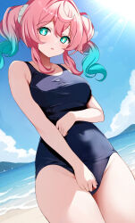 1girl alternate_costume aqua_eyes aqua_hair arm_under_breasts bare_shoulders beach blue_one-piece_swimsuit blue_sky breasts cloud commentary_request contemporary covered_navel cowboy_shot drill_hair hair_ornament hair_scrunchie highres honkai:_star_rail honkai_(series) hyacine_(honkai:_star_rail) long_hair looking_at_viewer medium_breasts mountainous_horizon multicolored_hair nyarumi ocean one-piece_swimsuit open_mouth outdoors pink_hair school_swimsuit scrunchie sky solo star_(symbol) star_in_eye sunlight swimsuit symbol_in_eye twin_drills twintails two-tone_hair water white_scrunchie