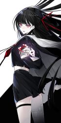 1girl absurdres arm_cutout black_hair black_shirt black_skirt chisa_(wuthering_waves) commentary crop_top from_side hair_ribbon hashtag-only_commentary highres long_hair long_sleeves mole mole_under_eye necktie parted_lips red_eyes red_necktie red_ribbon ribbon sailor_collar shirt skirt solo tacet_mark_(wuthering_waves) thigh_strap uriel_(uriel20040820) white_background white_sailor_collar wuthering_waves