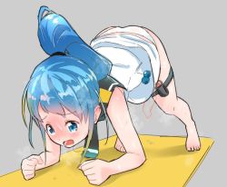 Rule 34 | 1girl, all fours, bare shoulders, barefoot, black neckwear, black sailor collar, blonde hair, blue eyes, blue hair, blush, breath, clenched hands, commentary request, controller, female focus, full body, gradient hair, grey background, hair tie, high ponytail, kantai collection, long hair, multicolored hair, nose blush, open mouth, panties, ponytail, remote control, remote control vibrator, sailor collar, samidare (kancolle), school uniform, see-through clothes, serafuku, sex toy, shiny skin, shirt, simple background, sleeveless, sleeveless shirt, solo, steaming body, sweat, tears, teeth, thigh strap, underwear, vibrator, vibrator cord, vibrator under clothes, white panties, white serafuku, yokoshima (euphoria)