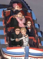 3boys 4girls black_hair blonde_hair blush bow brown_hair closed_eyes couple dandadan earrings glasses grey_hair hug jewelry kiss leotard multiple_boys multiple_girls photo_background pink_hair pink_sweater red_bow red_hair roller_coaster sakata_kinta scared school_uniform short_hair smile sweat sweatdrop sweater vamola_(dandadan) wind