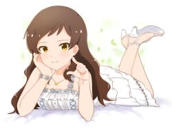 1girl brown_eyes brown_hair butterfly_necklace closed_mouth dress full_body hand_on_own_face high_heel_sandals highres hutaba idolmaster idolmaster_million_live! idolmaster_million_live!_theater_days jewelry kitazawa_shiho long_hair looking_at_viewer lying necklace official_alternate_costume on_stomach pure_onepiece_(idolmaster) sandals signature sleeveless sleeveless_dress smile solo the_pose white_background white_dress white_sandals