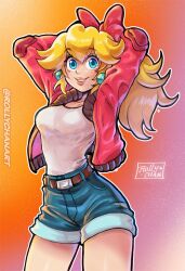 1girl blonde_hair blue_shorts denim denim_shorts earrings gradient_background jacket jewelry knee_pads long_hair mario_(series) mario_kart mario_kart_world nintendo official_alternate_costume official_alternate_hairstyle open_clothes open_jacket pink_jacket ponytail princess_peach princess_peach_(touring) rollychanart short_shorts shorts sphere_earrings tank_top white_tank_top