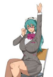 1girl alternate_eye_color arrancar bleach breasts chair dr_octojuice facial_mark female_focus green_hair highres karakura_high_school_uniform large_breasts lips long_hair mask mask_on_head nelliel_tu_odelschwanck raising_hand school_uniform simple_background sitting skull_on_head thighs white_background