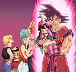 Rule 34 | 3boys, 3girls, age difference, age regression, aged down, android 18, angry, aqua eyes, aqua hair, aura, from behind, bad id, bad pixiv id, belt, black hair, blonde hair, blue eyes, blush, boots, breasts, bulma, chi-chi (dragon ball), cleavage, clenched teeth, clothes writing, couple, denim, dragon ball, dragonball z, gloves, gradient background, hand on head, helmet, high-waist pants, holding, husband and wife, jeans, kaio-ken, kuririn, multiple boys, multiple girls, muscular, origami (red), pants, pink boots, purple background, son goku, super saiyan, teeth, time paradox, vegeta