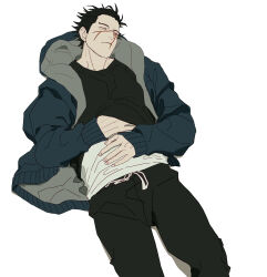 1boy black_hair black_pants black_shirt closed_eyes closed_mouth clothes_lift feet_out_of_frame galeblack golden_kamuy hand_on_own_stomach highres hood hood_down hooded_jacket jacket layered_clothes long_sleeves male_focus open_clothes open_jacket pants scar scar_on_face shirt shirt_lift short_hair short_sideburns simple_background sleeves_past_wrists solo sugimoto_saichi two-sided_fabric two-sided_jacket white_background white_shirt