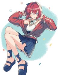 1girl :o agemono_ume ange_katrina ange_katrina_(2nd_costume) ankle_strap aqua_background armpit_crease bare_legs bare_shoulders belt blue_bow blue_eyes blue_sandals blue_skirt blush bow breasts collared_shirt crossed_bangs full_body gold_necklace gradient_eyes hair_between_eyes hair_bow hair_intakes hair_ornament halter_shirt halterneck hands_up highres jacket jewelry miniskirt multicolored_eyes necklace nijisanji off_shoulder one_eye_closed open_mouth platform_sandals pleated_skirt purple_eyes red_hair red_jacket sandals shirt shirt_tucked_in short_hair skirt sleeveless sleeveless_shirt sleeves_past_wrists small_breasts solo star_(symbol) triangle_hair_ornament turning_head two-tone_background virtual_youtuber white_background white_belt white_shirt