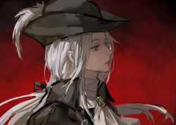 1girl absurdres ascot black_hat bloodborne green_eyes hat highres lady_maria_of_the_astral_clocktower long_hair low_ponytail parted_lips ponytail portrait red_background solo tricorne uu114514 white_ascot white_hair
