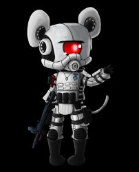 1girl absurdres animal_ears armor assault_rifle black_background black_boots black_gloves boots combine_elite combine_elite_(cosplay) commentary_request cookie_(touhou) cosplay full_body gloves gun half-life half-life_(series) half-life_2 highres holding holding_gun holding_weapon miao_miao_mao_miao_miao_fr mouse_ears mouse_girl mouse_tail nazrin nyon_(cookie) pants rifle simple_background solo standing tail touhou weapon white_armor white_background white_pants