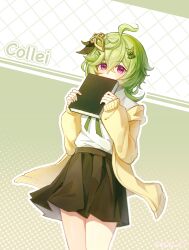 1girl absurdres ahoge blush book brown_skirt character_name collei_(genshin_impact) covered_mouth genshin_impact green_hair hair_between_eyes hair_ornament halftone halftone_background highres holding holding_book long_sleeves looking_at_viewer mibai_yume open_clothes pleated_skirt polka_dot polka_dot_background red_eyes school_uniform serafuku shirt skirt solo
