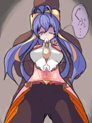 1girl absurdres antenna_hair bare_shoulders blazblue blazblue:_central_fiction blazblue_variable_heart bow cowboy_shot genderswap genderswap_(mtf) hair_between_eyes hair_bow halterneck highres hip_vent long_hair mai_natsume midriff no_bra one_eye_closed pants pink_eyes ponytail restrained ryona sidelocks vomit wince yellow_bow