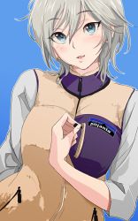 Rule 34 | 10s, 1girl, 71 (nanaichi drafting), anastasia (idolmaster), blue background, blue eyes, blush, earrings, female focus, idolmaster, idolmaster cinderella girls, jewelry, looking at viewer, open mouth, product placement, short hair, silver hair, simple background, smile, solo