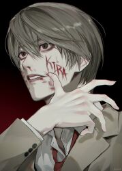 1boy absurdres black_background blood blood_on_face blood_writing brown_hair collared_shirt death_note eoseo88 finger_to_cheek gradient_background highres long_sleeves male_focus necktie nosebleed red_background red_necktie shirt teeth white_shirt yagami_light