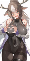 1girl absurdres akris_(deer_chang) animal_ears antlers bare_shoulders belt black_hair black_leotard black_pantyhose blue_eyes blush breasts commentary_request commission covered_navel deer_antlers deer_ears deer_girl four-finger_heart_hands heart heart_hands highres horns jacket large_breasts leotard long_hair long_sleeves looking_at_viewer multicolored_hair off_shoulder open_mouth original pantyhose pixiv_commission ponytail ryu_(yanagi) simple_background solo streaked_hair teeth thigh_belt thigh_strap thighs upper_teeth_only white_background white_hair white_jacket