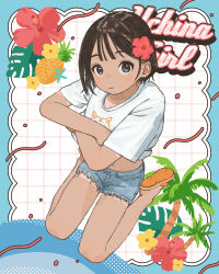 1girl absurdres animal_print bare_legs black_eyes blue_shorts blush border brown_hair character_name closed_mouth clothes_lift crossed_arms denim denim_shorts dot_nose english_text flip-flops flower food fruit full_body grid_background hair_flower hair_ornament hibiscus highres looking_at_viewer mashiro_ka midriff_peek navel original palm_tree pineapple print_shirt red_flower sandals shirt short_hair short_shorts short_sleeves shorts sitting t-shirt tan tree wariza white_shirt yellow_flower