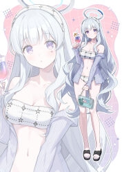Rule 34 | 1girl, alternate costume, bag, bare shoulders, bikini, black sandals, blue archive, blue shirt, blush, breasts, cleavage, commentary request, cup, drinking glass, full body, hairband, halo, handbag, highres, holding, holding bag, holding cup, long hair, long sleeves, looking at viewer, medium breasts, momomoi momoi, navel, noa (blue archive), off shoulder, open clothes, open mouth, open shirt, purple eyes, sandals, shirt, standing, swimsuit, thighs, toes, tropical drink, very long hair, white bikini, white hair, white hairband, white halo, zoom layer
