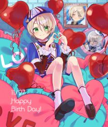 1boy balloon beret blonde_hair blue_hat blue_shirt closed_mouth ensemble_stars! four-finger_heart_hands full_body green_brooch green_eyes hair_between_eyes happy_birthday hat heart heart_balloon heart_hands heart_in_heart_hands highres long_sleeves multiple_views official_alternate_costume shiratori_aira_(ensemble_stars!) shirt shisokonbu short_hair sitting smile socks tile_wall tiles white_socks