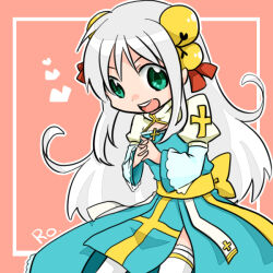 1girl arch_bishop_(ragnarok_online) back_bow bell blue_dress bow breasts commentary_request copyright_name cowboy_shot cross dress green_eyes grey_hair hair_bell hair_ornament heart jingle_bell juliet_sleeves long_hair long_sleeves looking_at_viewer nayuruonline open_mouth pink_background puffy_sleeves ragnarok_online sash small_breasts smile solo thighhighs two-tone_dress very_long_hair white_dress white_thighhighs yellow_bow yellow_sash