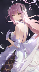 1girl absurdres angel_wings bare_shoulders black_bow blue_archive bow breasts closed_mouth dress feathered_wings flower hair_bow hair_bun hair_flower hair_ornament hair_ribbon halo highres jsscj long_hair low_wings mika_(blue_archive) pink_flower pink_hair pink_halo ribbon single_side_bun smile solo white_dress white_ribbon white_wings wings yellow_eyes