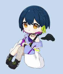 Rule 34 | 1girl, bare shoulders, black boots, black wings, blue background, blue hair, blush, boots, braid, brown eyes, chibi, collarbone, commentary, detached wings, earrings, fishnet pantyhose, fishnets, full body, green ribbon, grey shorts, hair between eyes, hair ribbon, highres, jacket, jewelry, looking at viewer, multicolored hair, nijisanji, nozo (hitomiz), off-shoulder shirt, off shoulder, pantyhose, pantyhose under shorts, parted lips, purple hair, purple shirt, ribbon, shirt, shorts, simple background, single leg pantyhose, solo, stud earrings, two-tone hair, virtual youtuber, white jacket, wings, yamagami karuta, yamagami karuta (4th costume)