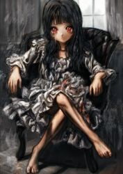 1girl absurdres armchair barefoot black_hair chair crossed_legs dress expressionless feet highres hwitmsikt long_hair looking_at_viewer original red_eyes sitting solo toes white_dress