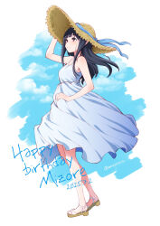 1girl bare_shoulders black_hair blue_dress blue_hair blush closed_mouth dress hat hibike!_euphonium highres kotomozou long_hair red_eyes sandals smile solo straw_hat sun_hat sundress yoroizuka_mizore