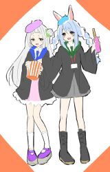 2girls animal_ear_fluff animal_ears beret black_boots black_robe blue_hair blue_hat blue_necktie boots braid brown_eyes collared_shirt commentary_request green_necktie grey_hair grey_skirt hair_between_eyes hair_bun hat highres holding hololive kiritoma long_hair long_sleeves multicolored_hair multiple_girls murasaki_shion necktie orange_background pink_hat pink_skirt platform_shoes pleated_skirt purple_shoes rabbit-shaped_pupils rabbit_ears robe shirt shoes short_eyebrows single_side_bun skirt socks symbol-shaped_pupils thick_eyebrows twin_braids twintails two-tone_background two-tone_hair usada_pekora very_long_hair virtual_youtuber white_background white_hair white_shirt white_socks wide_sleeves