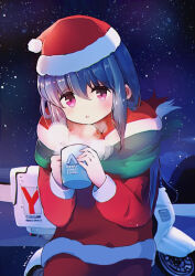 1girl blue_hair christmas cowboy_shot cup green_scarf hat holding holding_cup long_hair long_sleeves looking_at_viewer merry_christmas mint_(mintlemonade3) moped motor_vehicle mug multicolored_scarf night night_sky open_mouth outdoors pants purple_eyes red_hat red_pants red_scarf red_shirt santa_costume santa_hat scarf shima_rin shirt sky solo striped_clothes striped_scarf white_scarf yurucamp