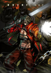 1boy abs belt_bra coat dante_(devil_may_cry) devil_may_cry_(series) dexter_soy firing gun hair_over_one_eye huge_weapon long_coat muzzle_flash open_clothes open_coat over_shoulder pants pectorals red_coat short_hair solo_focus sword sword_over_shoulder topless_male weapon weapon_over_shoulder white_hair