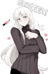 1girl @_@ ^^^ angelica_(project_moon) blue_eyes blush brown_sweater closed_mouth cowboy_shot hands_up heart highres library_of_ruina long_hair long_sleeves looking_at_viewer project_moon rai_(r2718281) ribbed_sweater simple_background smile solo sweater very_long_hair white_background white_hair