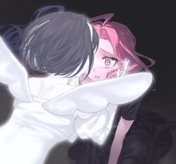 2girls alien_stage black_dress black_hair bob_cut chenzhumoran chinese_commentary commentary dress elbow_gloves furrowed_brow gloves hairband long_hair mizi_(alien_stage) multicolored_hair multiple_girls parted_lips pink_hair procreate_(medium) purple_hair short_hair short_sleeves single_elbow_glove sitting sua_(alien_stage) two-tone_hair white_dress white_gloves white_hairband white_wings wings yellow_eyes