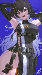 1girl armpits asymmetrical_pants bare_shoulders belt black_gloves black_hair blue_background bodysuit breasts elbow_gloves gloves goddess_of_victory:_nikke hair_between_eyes highres k_(nikke) long_hair looking_at_viewer medium_breasts multicolored_hair open_mouth orange_eyes sem_(honey_sv) shiny_skin simple_background single_leg_bodysuit sleeveless sleeveless_bodysuit smile solo standing teeth white_hair