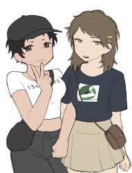 2girls :3 bag baseball_cap black_hair black_hat black_pants black_shirt blush breasts brown_eyes brown_hair closed_mouth commentary_request cowboy_shot dark_skin earrings genderswap genderswap_(mtf) hair_ornament hairclip handbag hat highres jewelry locked_arms looking_at_viewer manatsu_no_yo_no_inmu medium_breasts medium_hair multiple_girls oon_(aa) open_mouth pants shirt short_bangs short_hair short_sleeves simple_background smile stud_earrings t-shirt toono_(coat) v very_short_hair white_background white_shirt yajuu_senpai