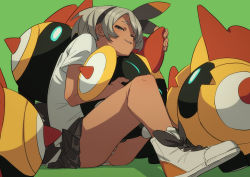 1girl alternate_costume bea_(pokemon) black_hairband blouse casual closed_mouth dark-skinned_female dark_skin falinks fu-ta gen_8_pokemon green_background grey_hair hairband highres knees_up legs looking_at_viewer nintendo official_alternate_costume panties pleated_skirt pokemon pokemon_(creature) pokemon_swsh shirt shoes short_hair simple_background sitting skirt smile striped_clothes striped_panties thighs underwear white_footwear white_shirt