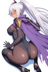 Rule 34 | 1girl, ass, ass focus, blush, bodysuit, boots, breasts, cape, dark skin, from behind, girls&#039; frontline, girls&#039; frontline 2: exilium, hair ornament, high heel boots, high heels, highres, huge ass, large breasts, long hair, looking at viewer, looking back, nemesis (girls&#039; frontline 2), ponytail, purple eyes, raygun19, sideboob, solo, very long hair, white hair