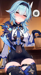 1girl artist_name black_gloves black_hairband blue_cape blue_hair blue_necktie blurry blurry_background blush boots breasts cape closed_mouth clothing_cutout commentary drunk eula_(genshin_impact) ewaaawa genshin_impact gloves hairband high-waist_shorts highres large_breasts long_sleeves looking_at_viewer medium_hair necktie red_eyes shorts shoulder_cutout sitting solo speech_bubble spoken_squiggle squiggle tavern thigh_boots thought_bubble vision_(genshin_impact) wide_sleeves wooden_cup