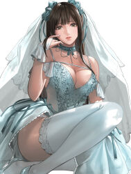 Rule 34 | 1girl, black hair, blue bow, blue choker, blue dress, bow, breasts, bridal gauntlets, bridal veil, brown eyes, chain, chain necklace, choker, cleavage, commentary, delsaber, dress, frilled gloves, frills, gloves, hair bow, hair lift, hand up, heart, heart necklace, high heels, highres, jewelry, lace, lace-trimmed choker, lace-trimmed thighhighs, lace trim, large breasts, leg up, long hair, looking at viewer, necklace, original, parted lips, shoes, simple background, sitting, solo, thick thighs, thighhighs, thighs, veil, wedding dress, white background, white gloves, white shoes, white thighhighs, zettai ryouiki