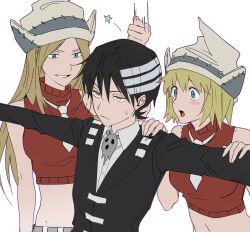 Rule 34 | 1boy, 2girls, black hair, black jacket, blonde hair, blue eyes, breasts, cgvske1003, closed mouth, collared shirt, crop top, death the kid, elizabeth thompson, grey hat, hair between eyes, hand on another&#039;s shoulder, hat, highres, jacket, long hair, long sleeves, medium breasts, midriff, multicolored hair, multiple girls, necktie, outstretched arms, patricia thompson, shirt, short hair, short necktie, simple background, sleeveless, sleeveless turtleneck, soul eater, star (symbol), sweat, turtleneck, upper body, white background, white hair, white shirt, yellow eyes