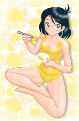 1girl antenna_hair barefoot black_eyes black_hair breasts chopsticks cleavage collarbone eating full_body glasses highres holding holding_chopsticks holding_plate indian_style looking_at_viewer original plate shirokuro_jakko sitting small_breasts solo yellow_background