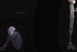 Rule 34 | 2boys, alternate form, arm at side, back-to-back, belt, black background, black bodysuit, black boots, black hair, black jacket, black pants, black shoes, bodysuit, boots, card, colored bangs, crossed arms, dual persona, empty eyes, facing away, facing to the side, fujiki yusaku, green bodysuit, green eyes, grey belt, hands on own arms, head out of frame, highres, holding, holding card, huddle, hunched over, jacket, knees up, looking at another, male focus, multiple boys, novale110, on ground, outstretched arm, pants, playmaker (yu-gi-oh!), popped collar, red hair, shoes, spiked hair, turning head, yu-gi-oh!, yu-gi-oh! vrains