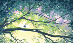 1boy 1other artist_name branch dated english_text huhv. leaf moon nature original outdoors plant scenery silhouette solo standing sun sunlight tree watermark web_address wide_shot