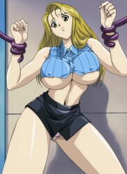 Rule 34 | 00s, 1girl, 2003, anime screenshot, areola slip, arms up, black skirt, blonde hair, blue shirt, breasts, brown hair, green eyes, large breasts, long hair, miniskirt, nami koishikawa, nami sos!, navel, nipples, panties, pink panties, restrained, shirt, skirt, solo, stitched, tagme, tentacles, third-party edit, underboob, underwear
