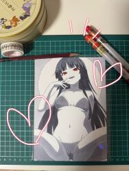 Rule 34 | 1girl, art tools in frame, bikini, black hair, breasts, cameltoe, greyscale, highres, hime cut, houraisan kaguya, long hair, midriff, monochrome, red eyes, small breasts, smile, solo, spot color, spread legs, swimsuit, touhou, traditional media, tumugihikari, very long hair