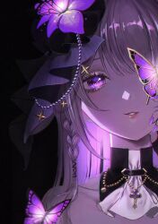 Rule 34 | 1girl, alternate costume, ame shizuri., black background, bug, butterfly, collarbone, colored inner hair, dark background, detached collar, flower, grey hair, herta (honkai: star rail), highres, honkai: star rail, honkai (series), insect, long hair, looking at viewer, multicolored hair, nail polish, parted lips, portrait, purple butterfly, purple eyes, purple flower, purple hair, purple nails, solo, the herta (honkai: star rail)