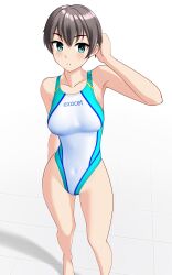 1girl absurdres black_hair blue_eyes breasts commentary_request competition_swimsuit covered_navel feet_out_of_frame groin highleg highleg_one-piece_swimsuit highres medium_breasts multicolored_swimsuit one-piece_swimsuit original short_hair simple_background solo swimsuit takafumi tile_floor tiles tomboy variant_set white_background white_one-piece_swimsuit