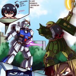 Rule 34 | 1boy, 2girls, aged down, amate yuzuriha, aqua eyes, arrow (symbol), axe, battle, bernard wiseman, black hair, blonde hair, blood, blood on face, cable, christina mackenzie, commentary, damaged, earth federation, earth federation space forces, energy sword, english commentary, green eyes, gundam, gundam 0080, gundam alex, gundam gquuuuuux, hair ornament, heat hawk, helmet, highres, holding, holding weapon, injury, mecha, mecha pilot suit, mobile suit, multiple girls, one-eyed, robot, science fiction, shoulder spikes, spikes, sword, v-fin, weapon, zaku ii fz kai, zeon, zeon132