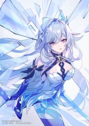 Rule 34 | 1girl, bare shoulders, breasts, broken glass, cleavage, genshin impact, glass, grey hair, hair between eyes, highres, holding, holding sword, holding weapon, kukatsuma, large breasts, long hair, looking at viewer, parted bangs, pink eyes, skirk (genshin impact), solo, sword, symbol-shaped pupils, twitter username, weapon