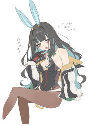 Rule 34 | animal ears, black hair, black leotard, blue hair, brown pantyhose, colored inner hair, eyeliner, fate/grand order, fate (series), glowing pupils, gold jacket, gold ribbon, highleg, highleg leotard, highres, jacket, kaigan0211, leotard, makeup, multicolored hair, multicolored jacket, multicolored leotard, pantyhose, playboy bunny, rabbit-shaped pupils, rabbit ears, smile, symbol-shaped pupils, tenochtitlan (fate), tenochtitlan (swimsuit mooncancer) (fate), tenochtitlan (swimsuit mooncancer) (third ascension) (fate), two-sided gloves, two-tone jacket, wavy hair, wavy mouth, white background, yellow jacket
