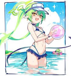 alternate_costume bare_arms bare_shoulders bikini blue_archive blue_bikini breasts green_hair green_halo halo highres hikari_(blue_archive) long_hair navel nozomi_(blue_archive) small_breasts swimsuit thighs twintails umihal yellow_eyes
