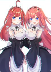 2girls :d absurdres ahoge apron black_dress blue_eyes blunt_bangs blush breast_press breasts cleavage cosplay detached_sleeves dress frills go-toubun_no_hanayome hair_ornament highres kurosaki_coco large_breasts long_hair looking_at_viewer maid maid_apron maid_headdress multiple_girls nakano_itsuki nakano_nino open_mouth parted_lips pink_hair red_hair siblings sisters smile symmetrical_docking symmetrical_hand_pose twintails